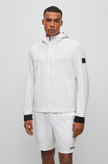 Water-repellent jacket with multicoloured logo print, White