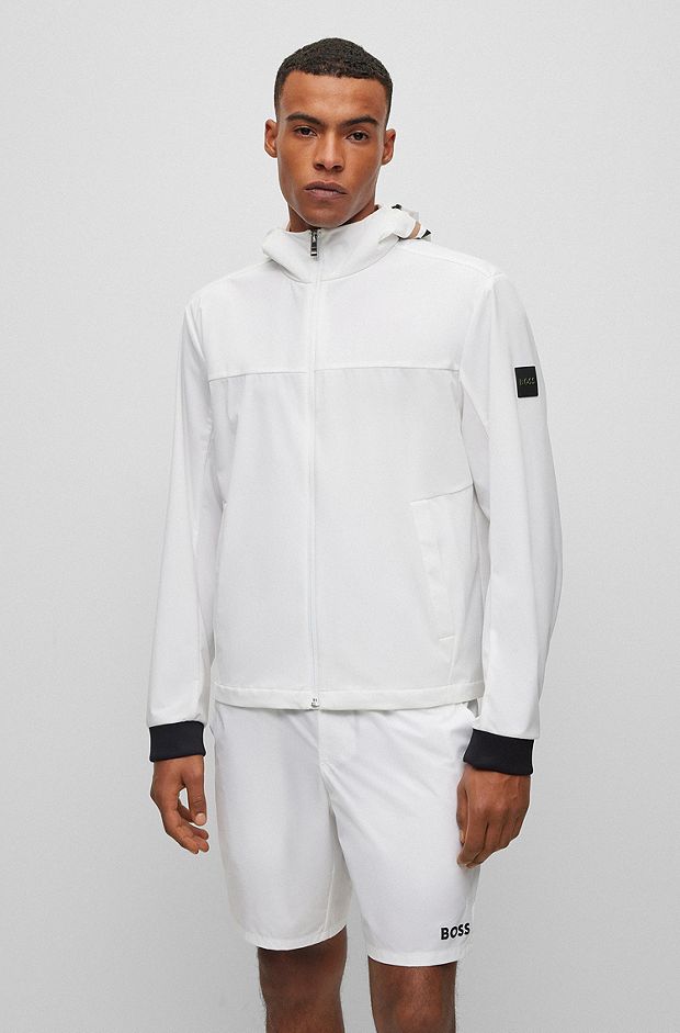 Water-repellent jacket with multicoloured logo print, White