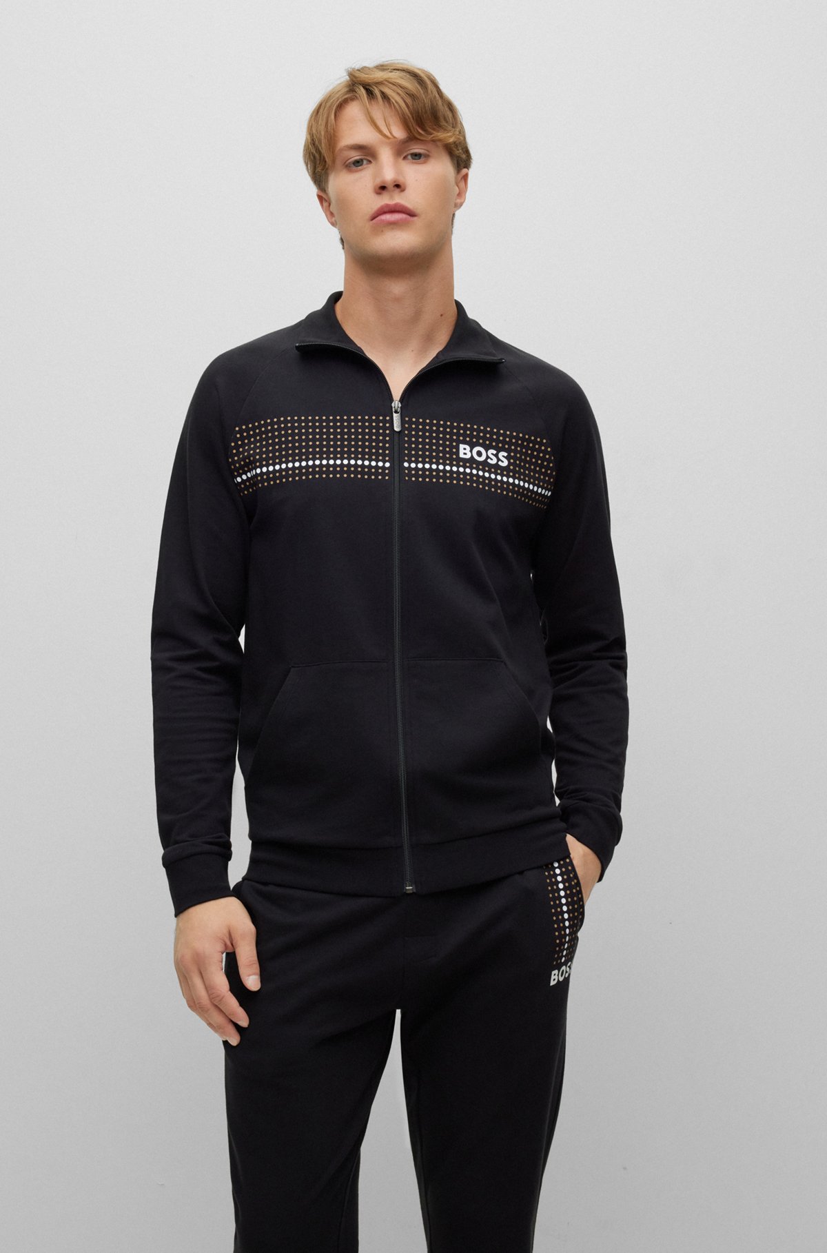 Zip-up loungewear jacket with dot stripes and logo, Black