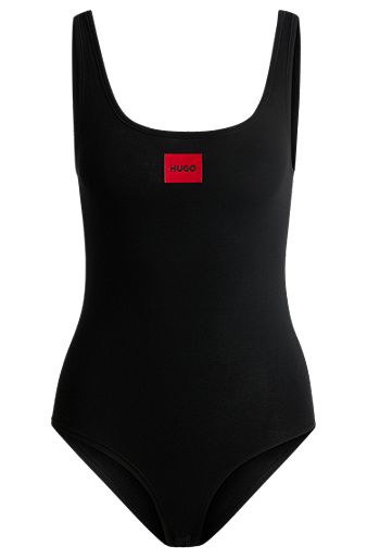Sleeveless bodysuit in stretch cotton with logo label, Black