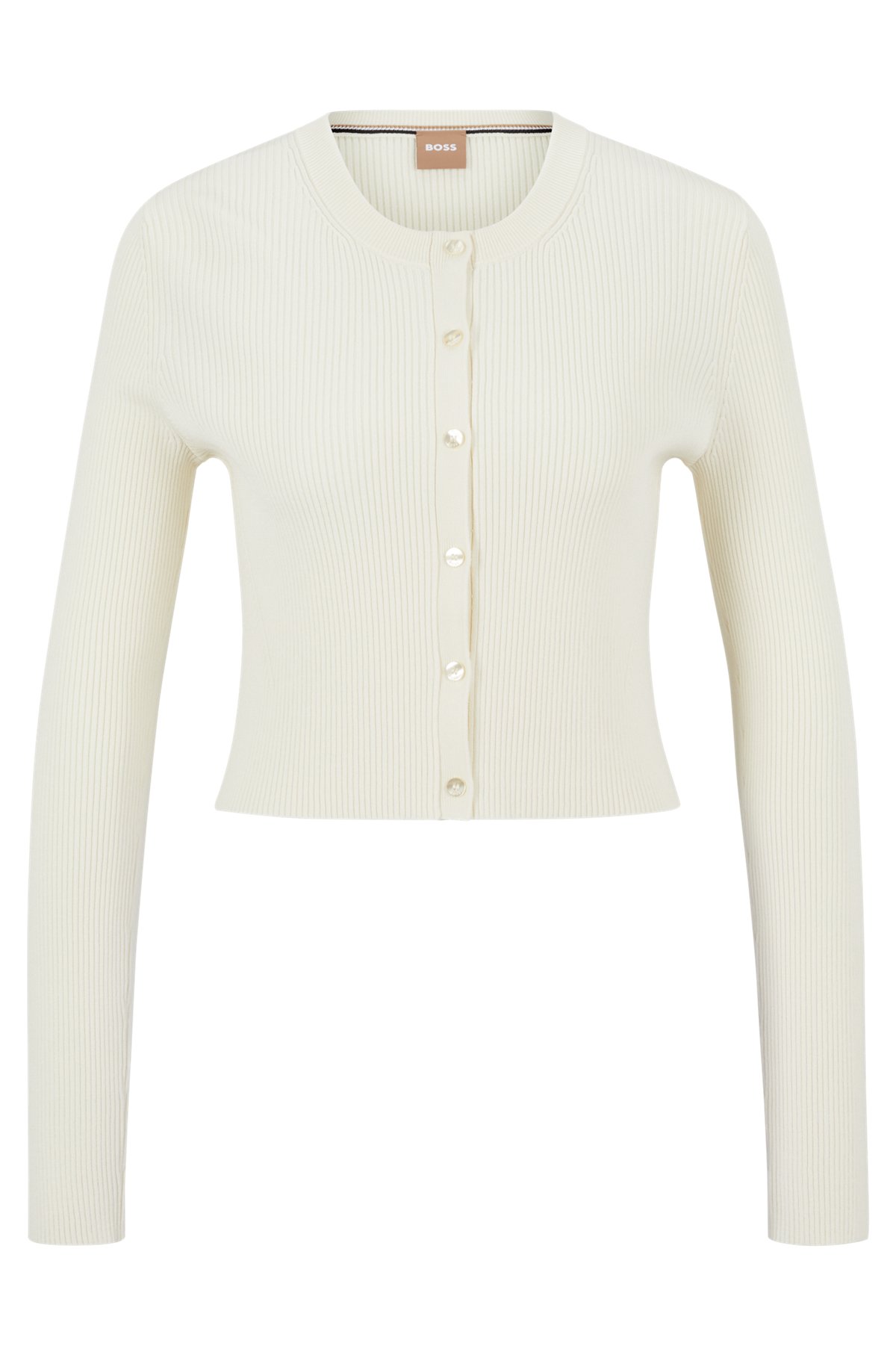 Ribbed-knit cardigan with button front, White