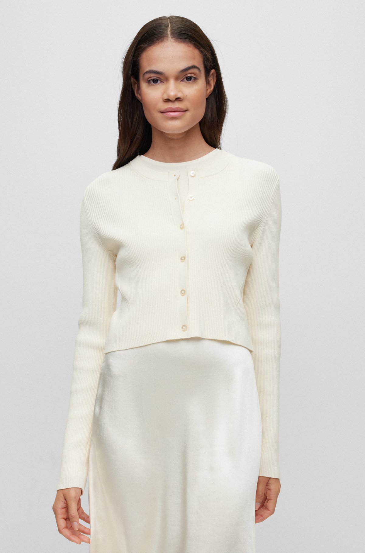 Ribbed-knit cardigan with button front, White