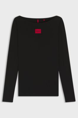 Thermal slim-fit top with red logo label, Black