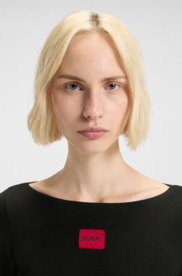 Thermal slim-fit top with red logo label, Black