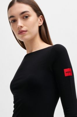 Thermal slim-fit top with red logo label, Black