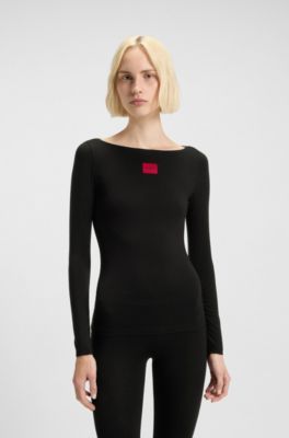 Thermal slim-fit top with red logo label, Black