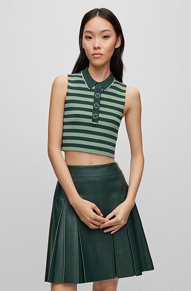 Sleeveless knitted top with hardware-trimmed placket, Patterned