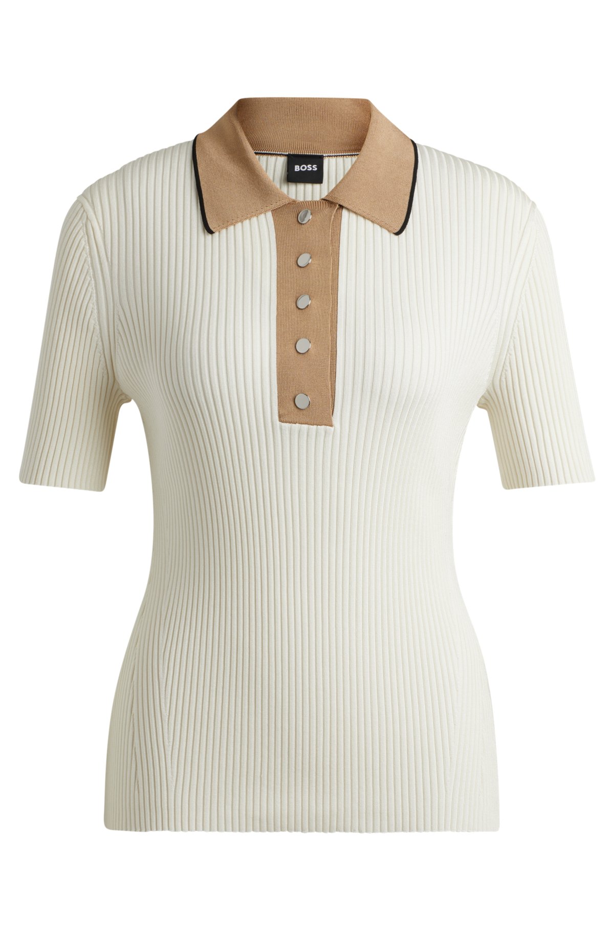 Slim-fit ribbed top with collar and placket, Natural
