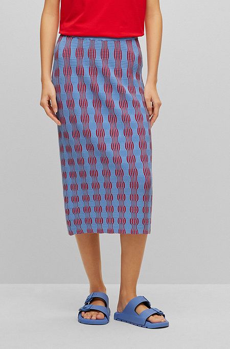 Slim-fit pencil skirt with two-tone knitted structure, Patterned