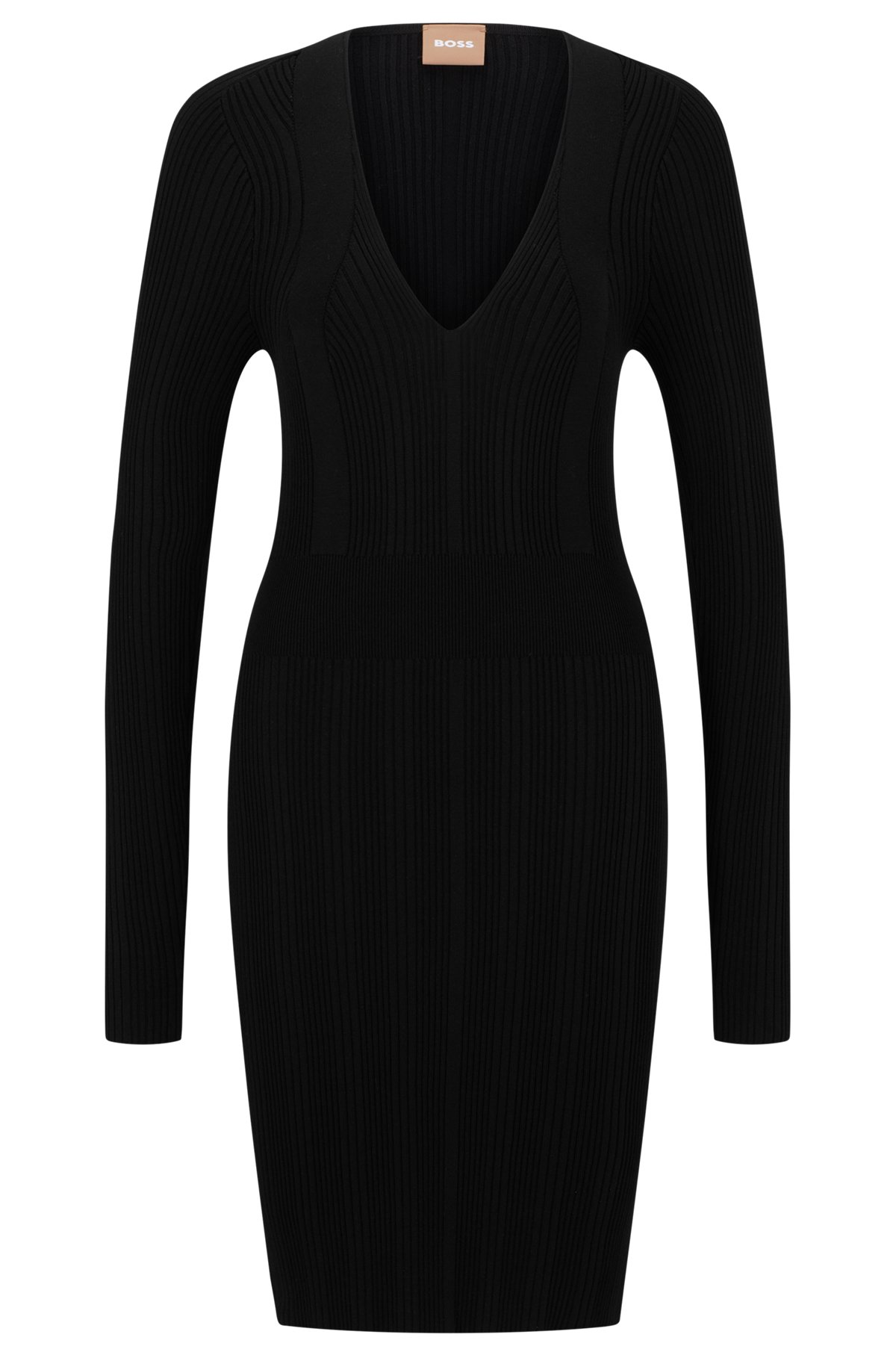 Slim-fit long-sleeved dress with V neckline, Black