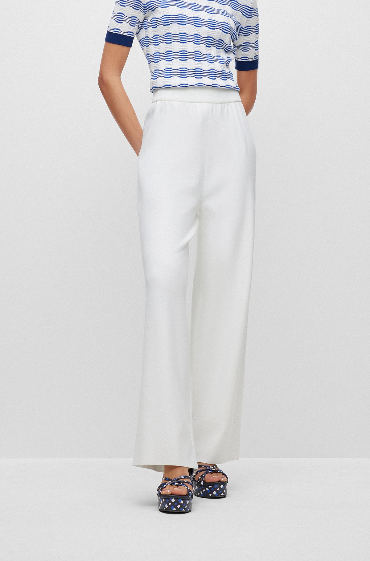 Relaxed-fit knitted trousers with ribbed waistband, White