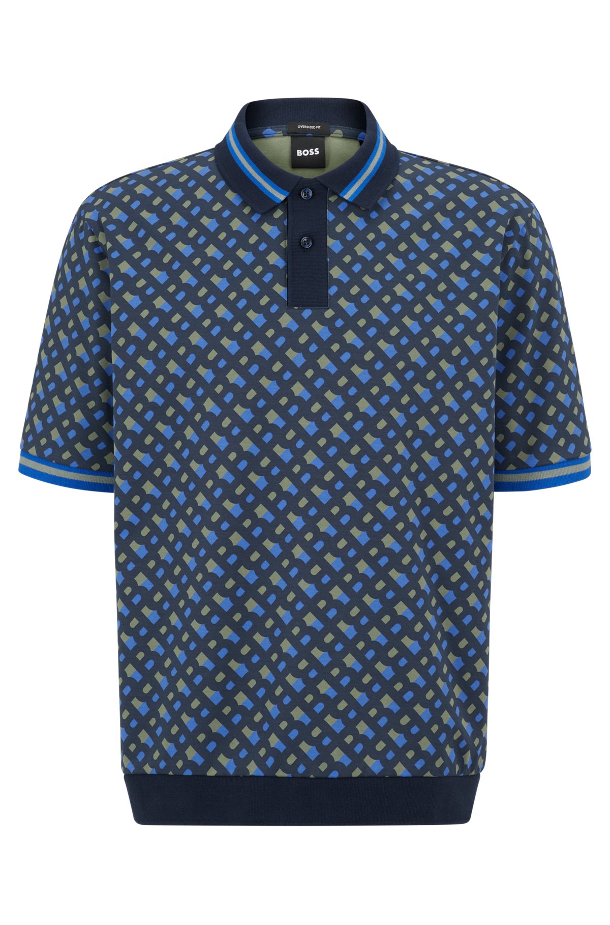 Polo Oversize Fit en coton mercerisé à imprimé monogramme, Bleu foncé