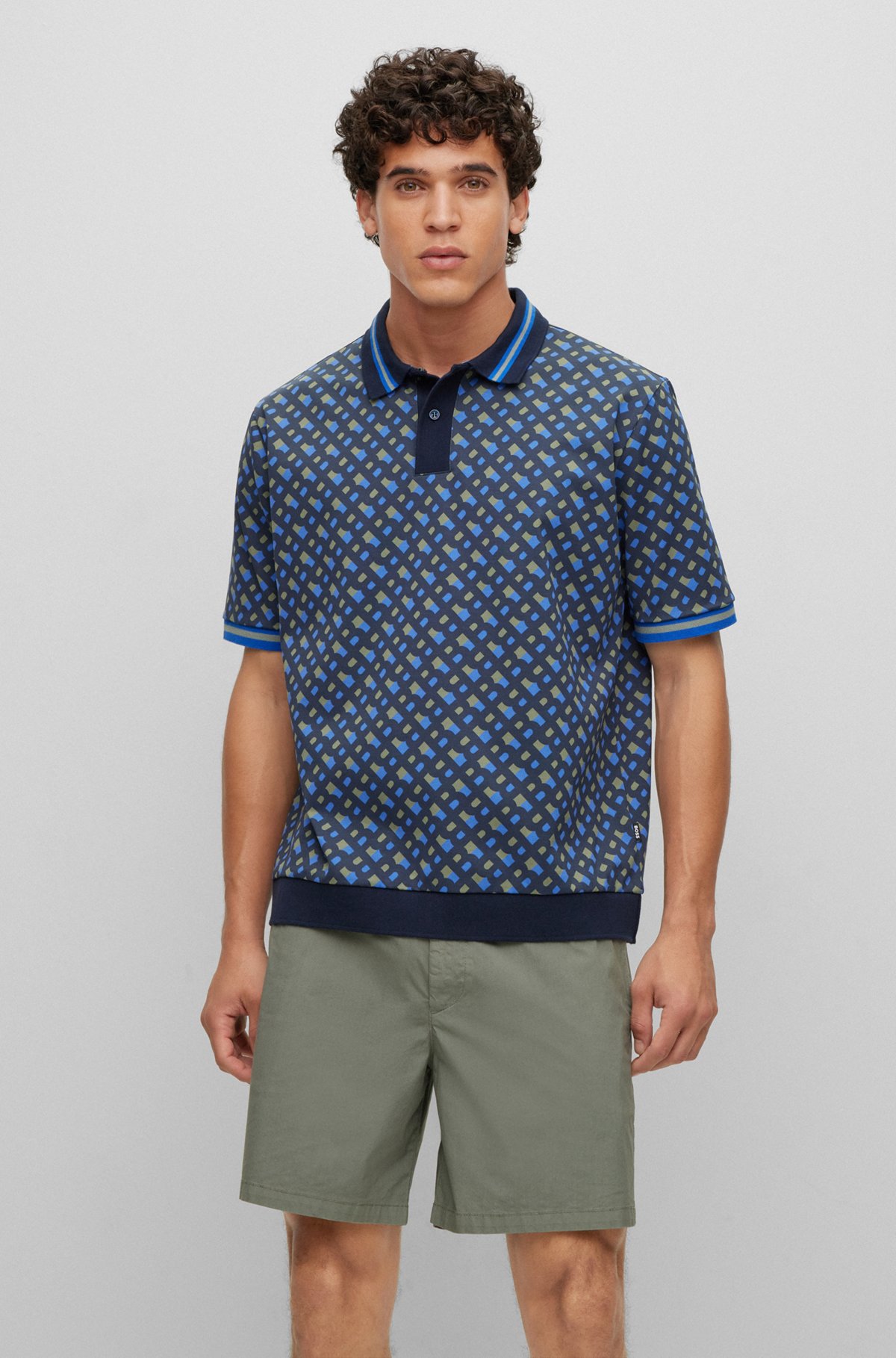 Oversized-fit mercerised-cotton polo shirt with printed monograms, Dark Blue