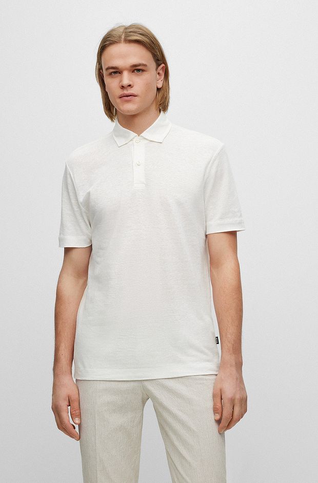 Regular-Fit Poloshirt aus zweifarbigem Leinen, Weiß