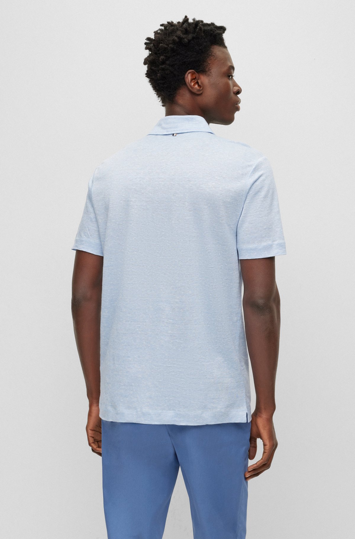 Regular-fit polo shirt in two-tone linen, Light Blue