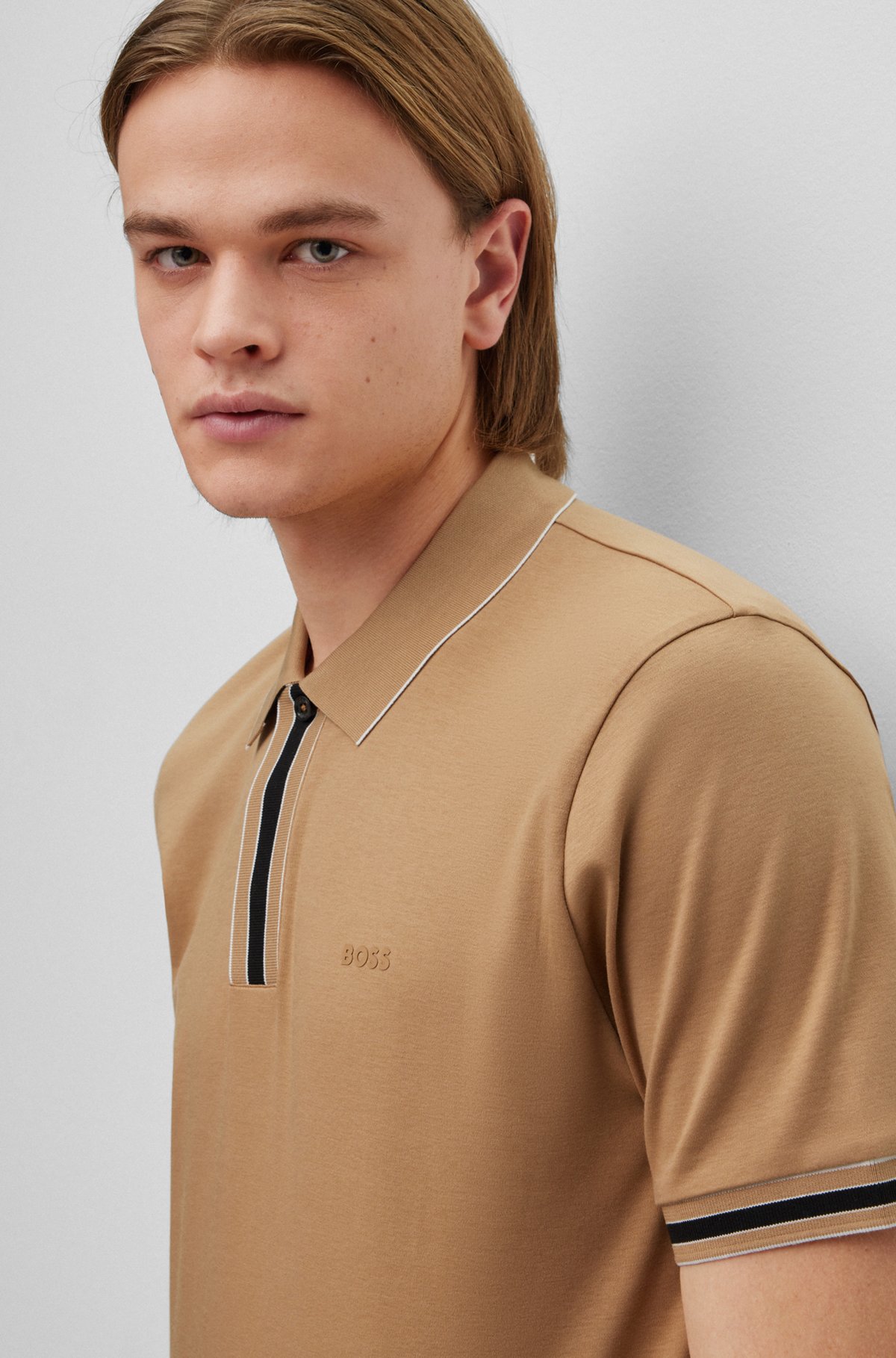 Interlock-cotton polo shirt with contrast tipping, Beige