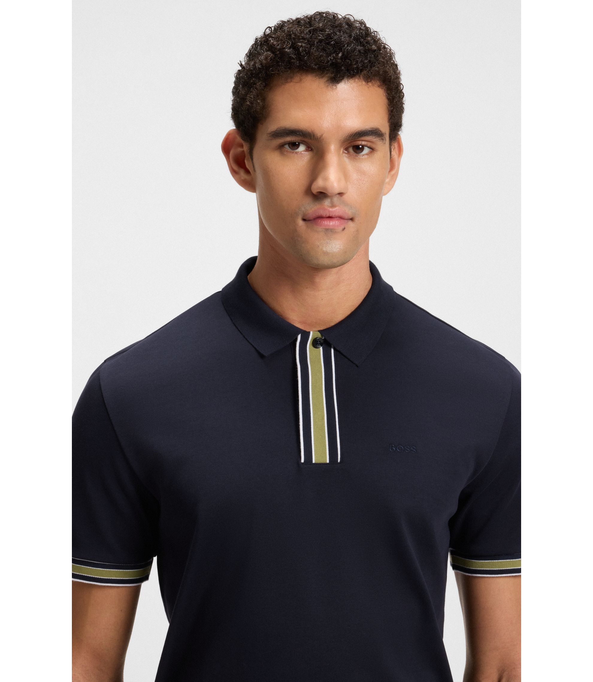 BOSS - Interlock-cotton polo shirt with contrast tipping - Dark Blue