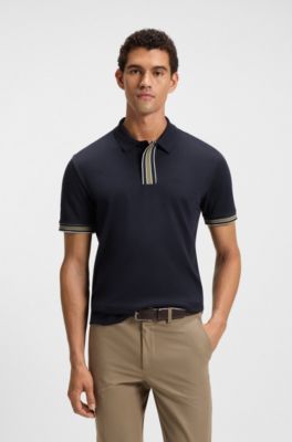 Interlock-cotton polo shirt with contrast tipping, Dark Blue
