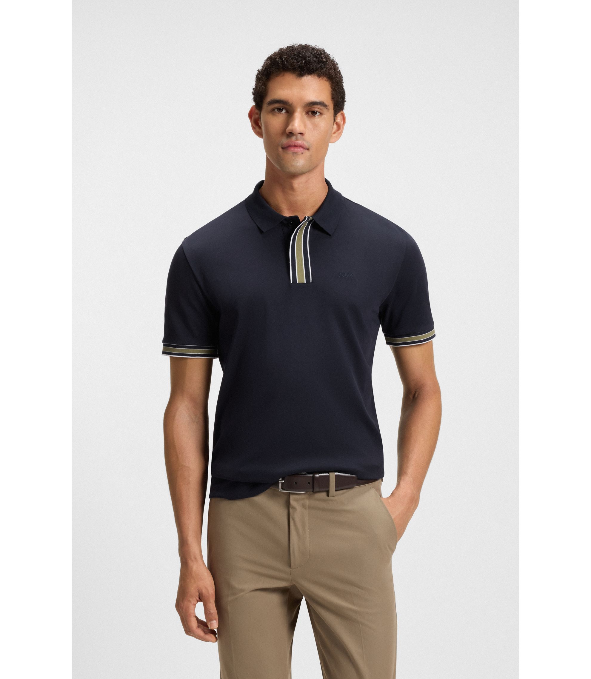BOSS - Interlock-cotton polo shirt with contrast tipping - Dark Blue