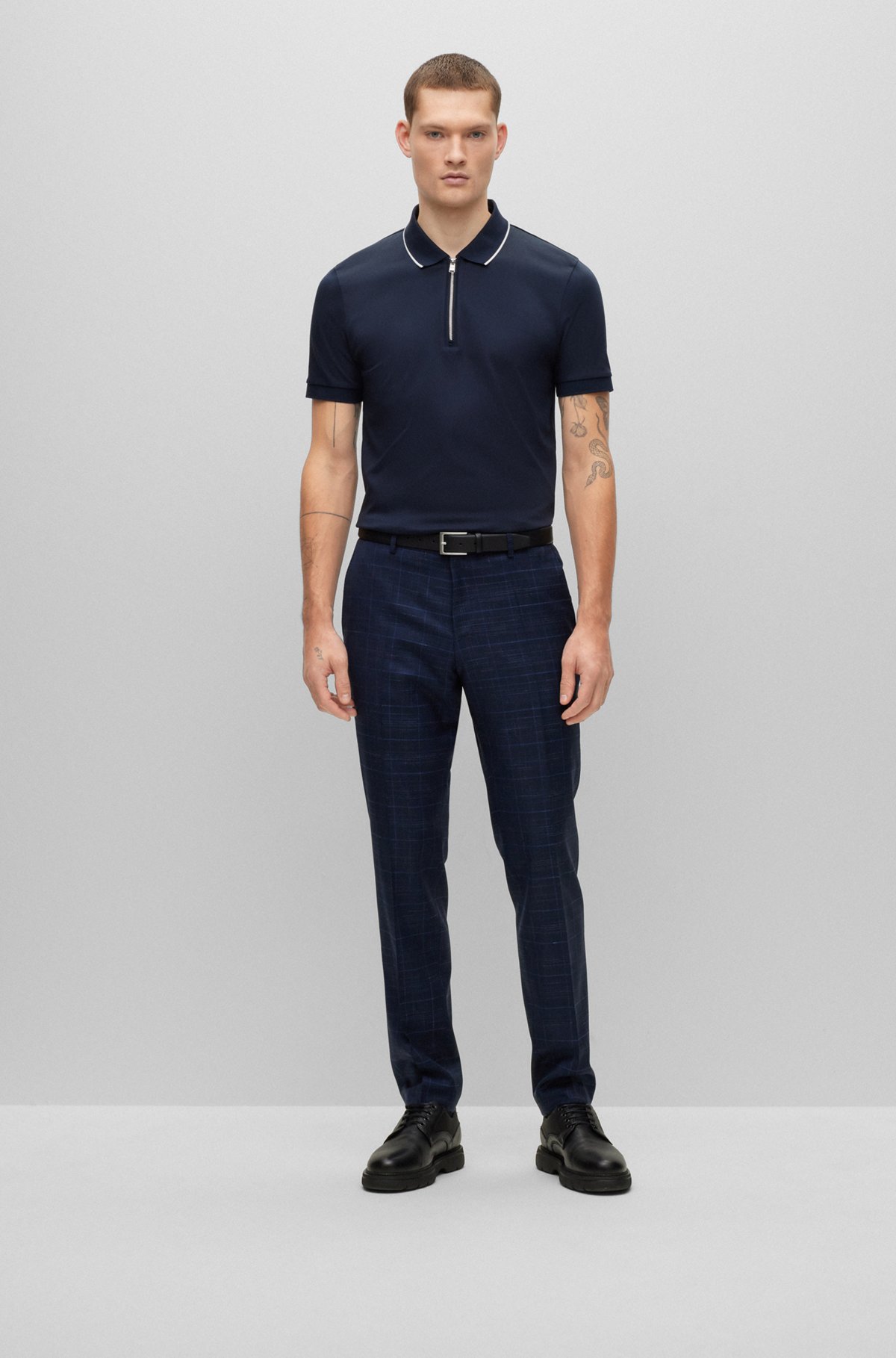 Zip-neck slim-fit polo shirt in interlock cotton, Dark Blue