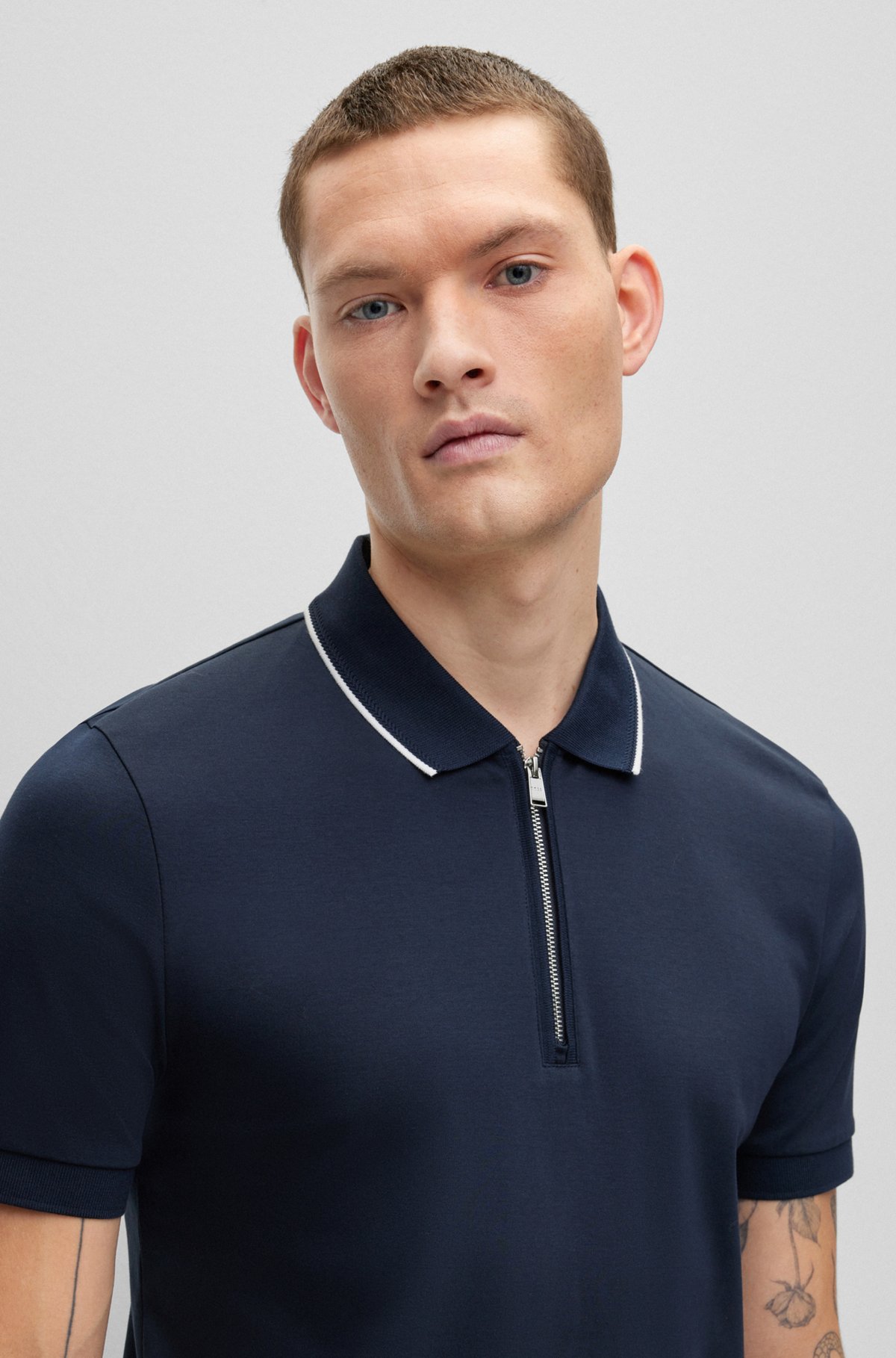 Zip-neck slim-fit polo shirt in interlock cotton, Dark Blue
