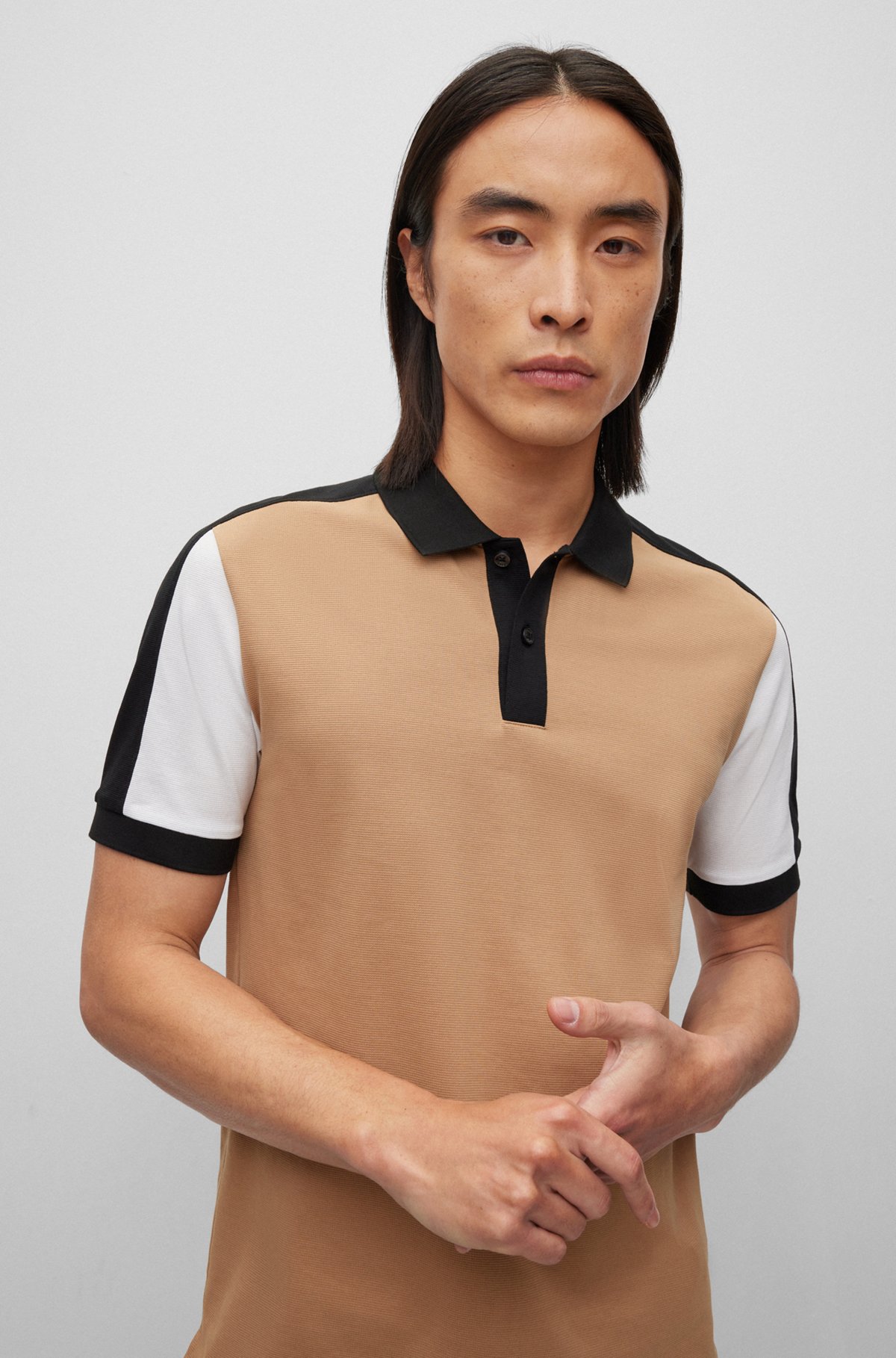 Colour-blocked slim-fit polo shirt in mercerized cotton, Beige