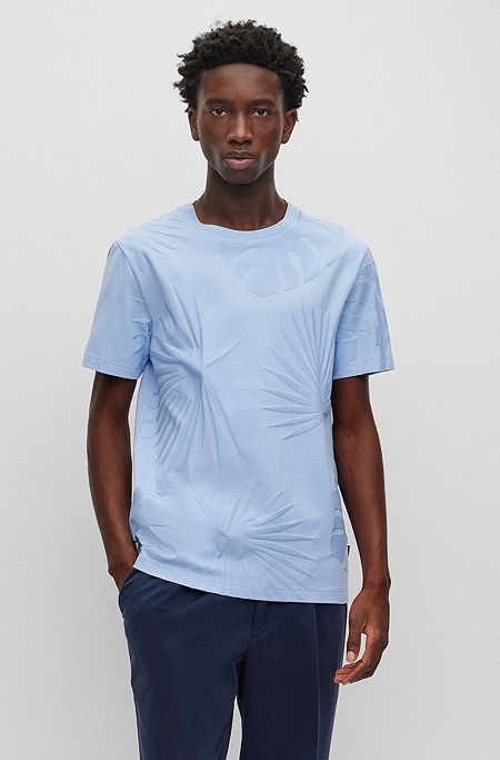 Mercerised-cotton T-shirt with Hawaiian-inspired tonal jacquard, Light Blue