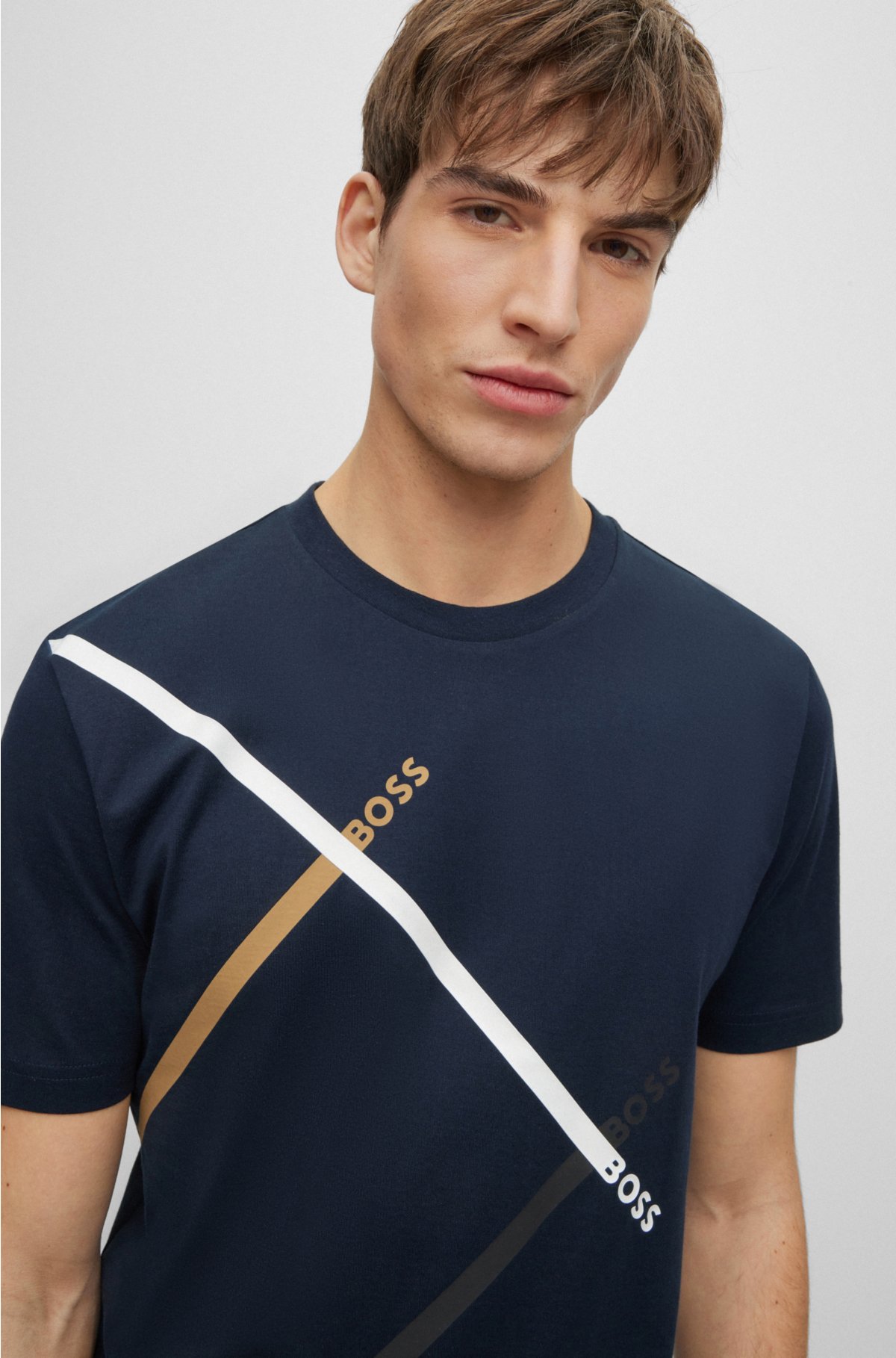 BOSS - Cotton-jersey T-shirt with signature-stripe logo print