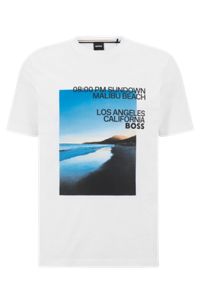 T-shirt in misto cotone con stampa fotografica con spiaggia e logo, Bianco