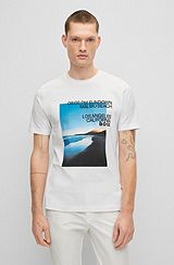 Cotton-blend T-shirt with photographic beach print and logo, White