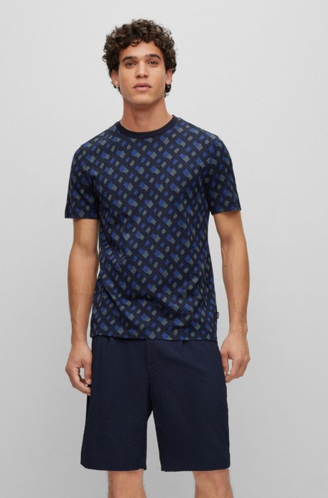 Hugo Boss Regular-fit Pure-cotton T-shirt With Monogram Jacquard In Blue