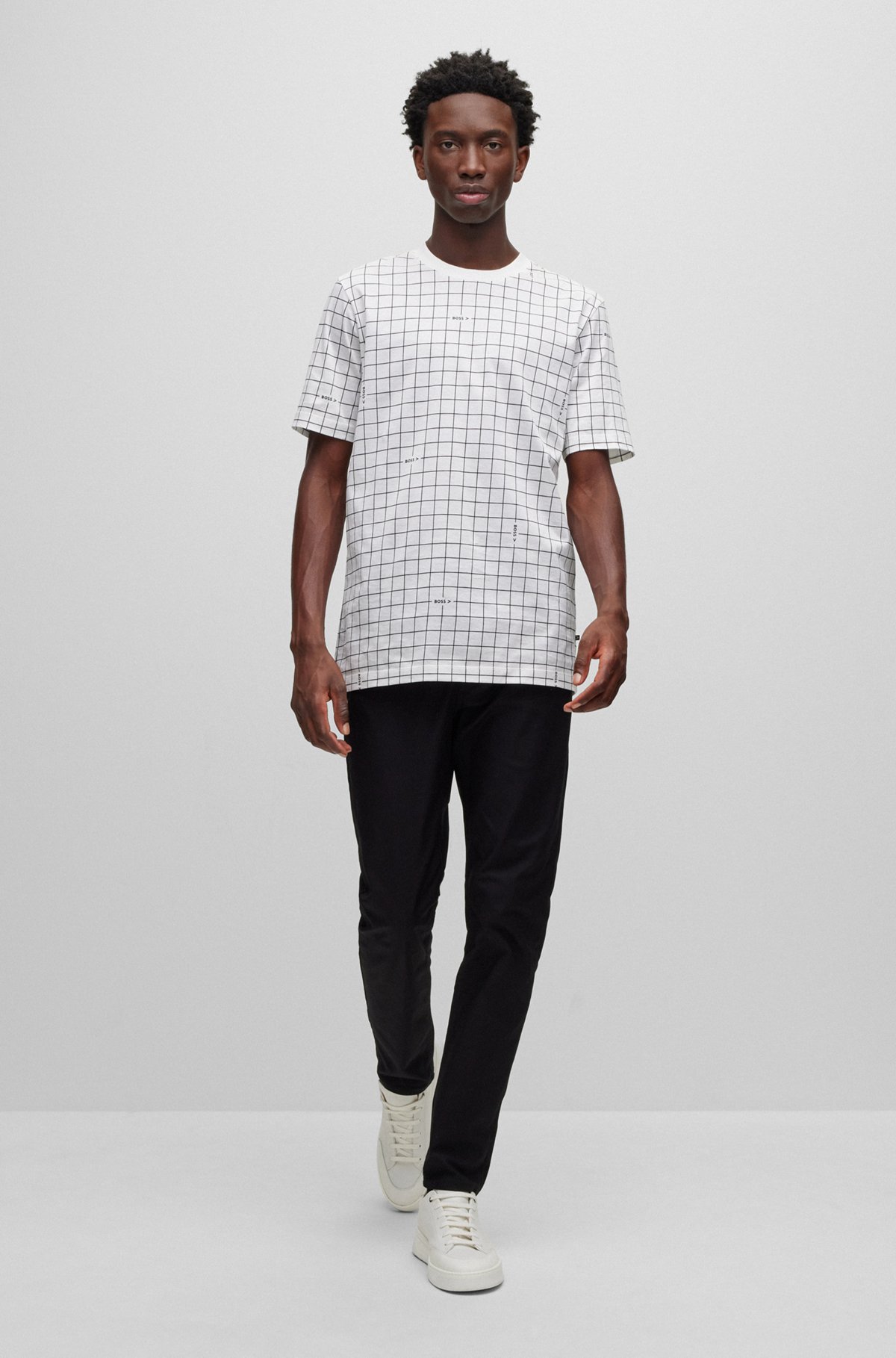 Cotton-jersey T-shirt with logo-grid print, White Patterned