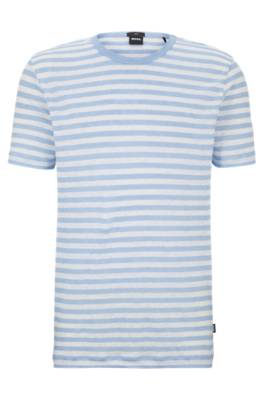 Hugo Boss Horizontal-striped T-shirt In Pure Linen In Blue