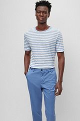 Horizontal-striped T-shirt in pure linen, Light Blue