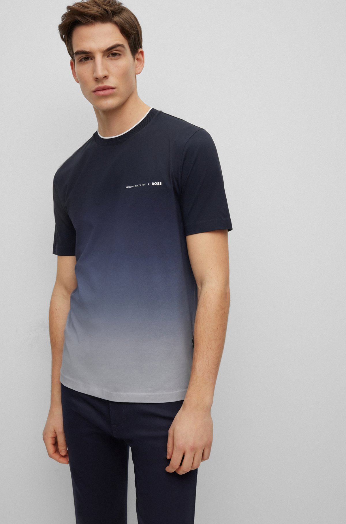 Porsche x BOSS stretch-cotton T-shirt with degradé print, Dark Blue