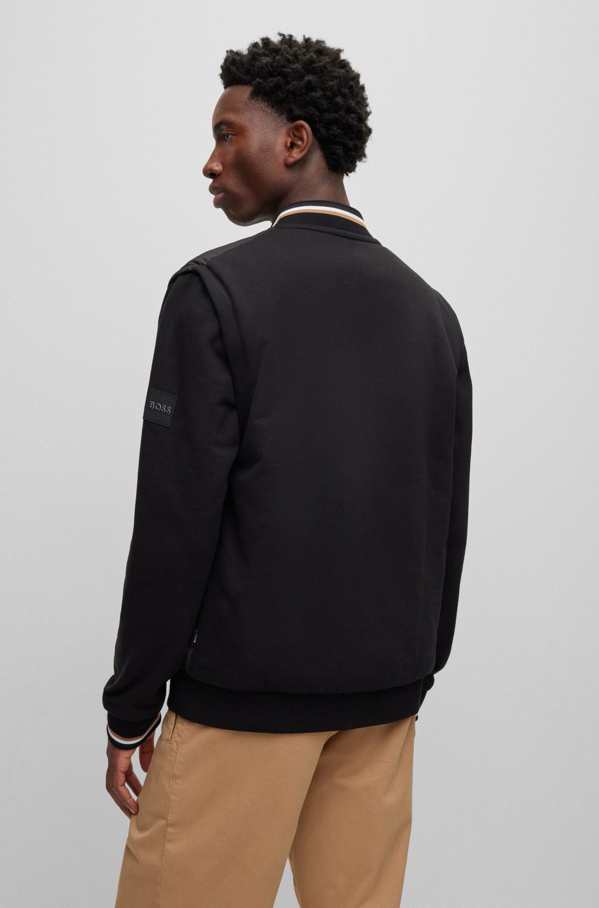 BOSS - Mixed-material zip-up sweatshirt with signature-stripe trims