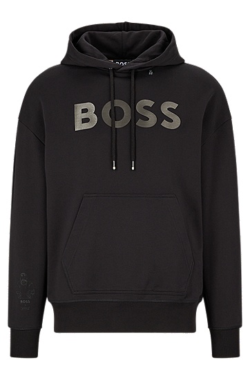 BOSS x Khaby专属艺术风图案宽松版型丝光棉质连帽衫,  001_Black