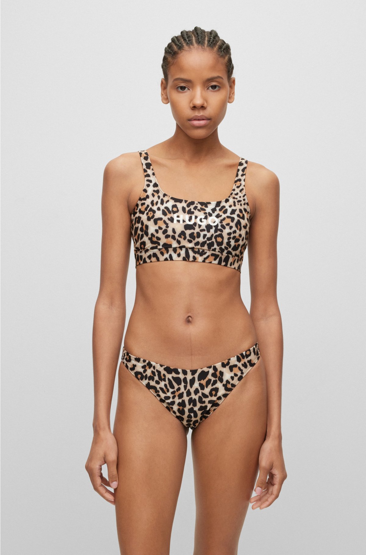 HUGO - Top de bikini con estampado de leopardo y logo