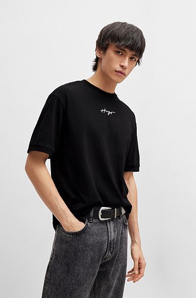 Relaxed-fit T-shirt in cotton jersey with embroidered logo, Black