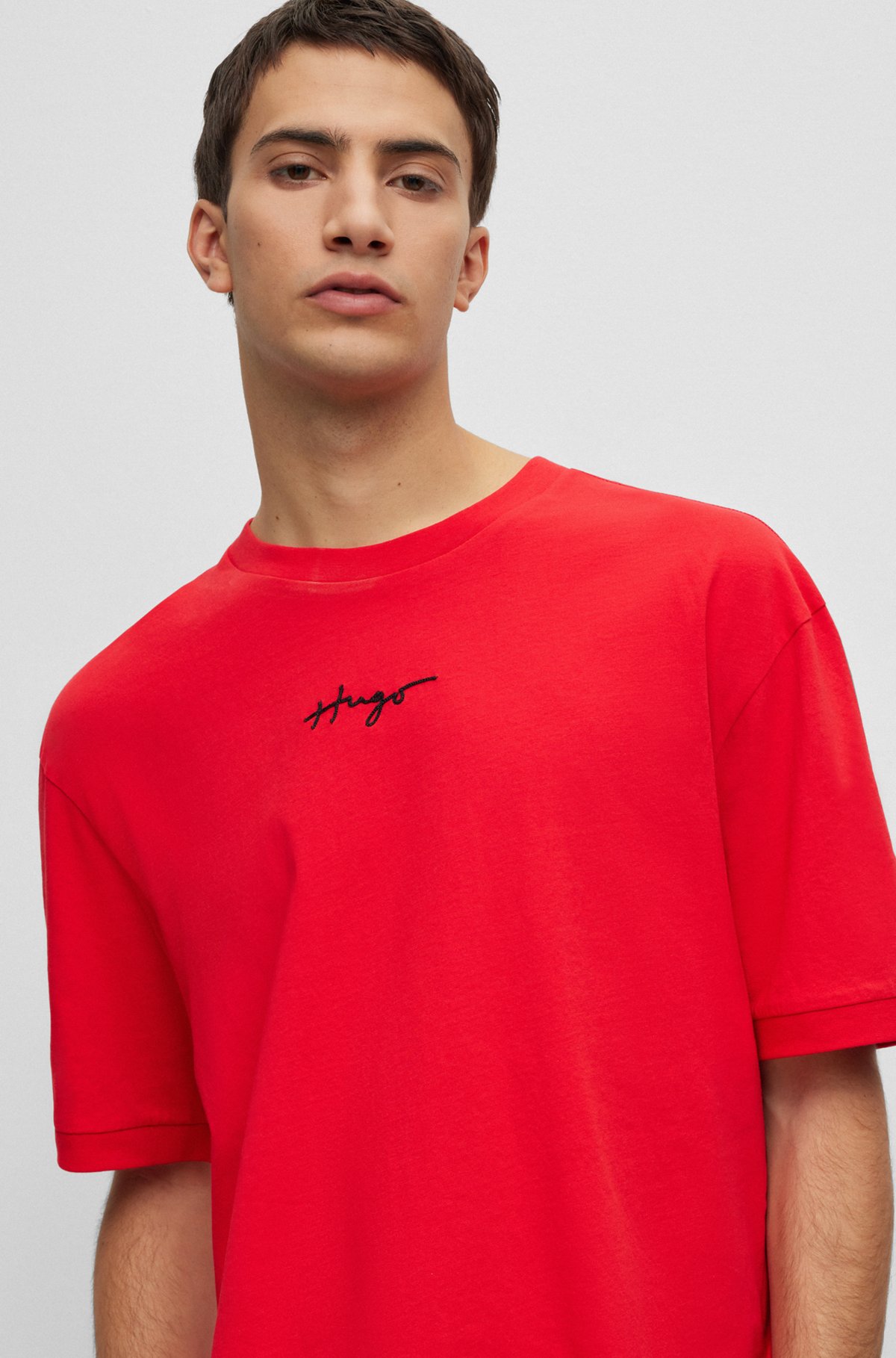 T-shirt relaxed fit in jersey di cotone con logo ricamato, Rosso