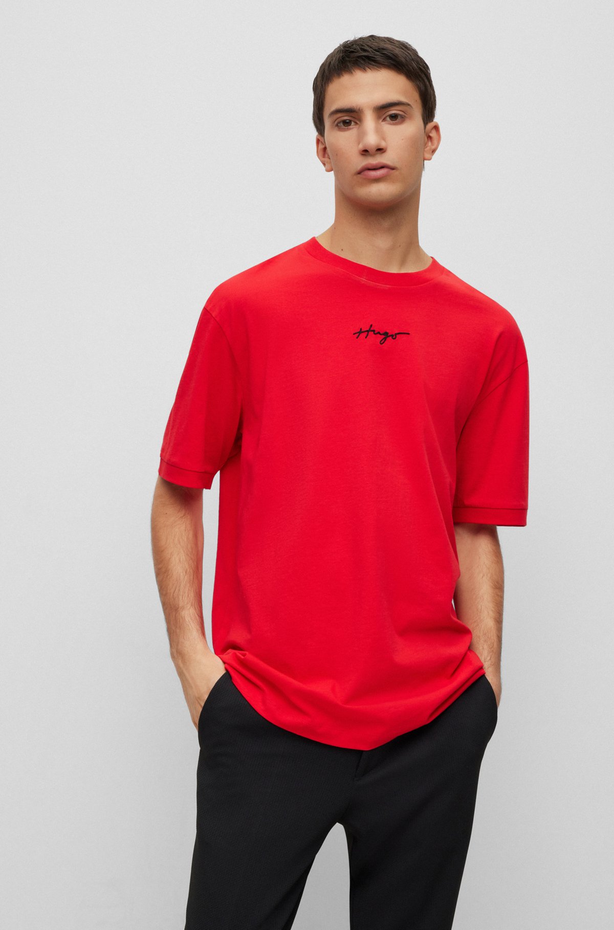 T-shirt relaxed fit in jersey di cotone con logo ricamato, Rosso
