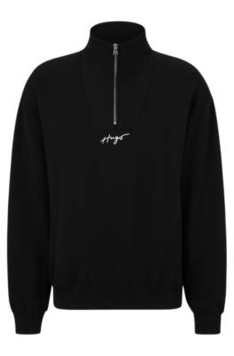 Hugo Relaxed-fit Zip-neck Sweatshirt With Handwritten Logo In Black