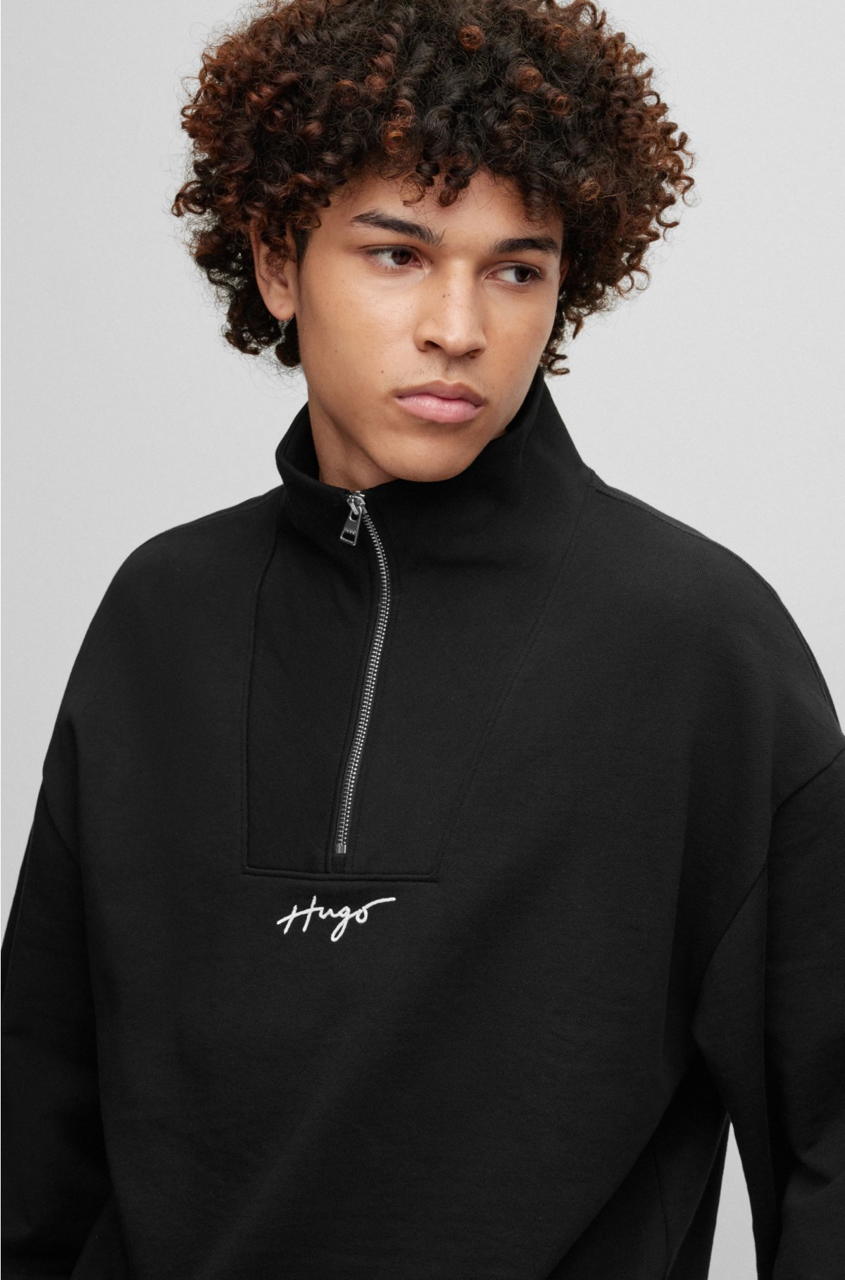 HUGO - Relaxed-fit zip-neck sweatshirt with handwritten logo