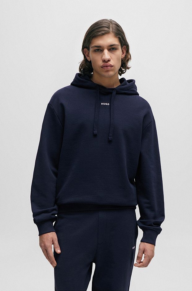 Cotton-terry relaxed-fit hoodie with logo print, Dark Blue