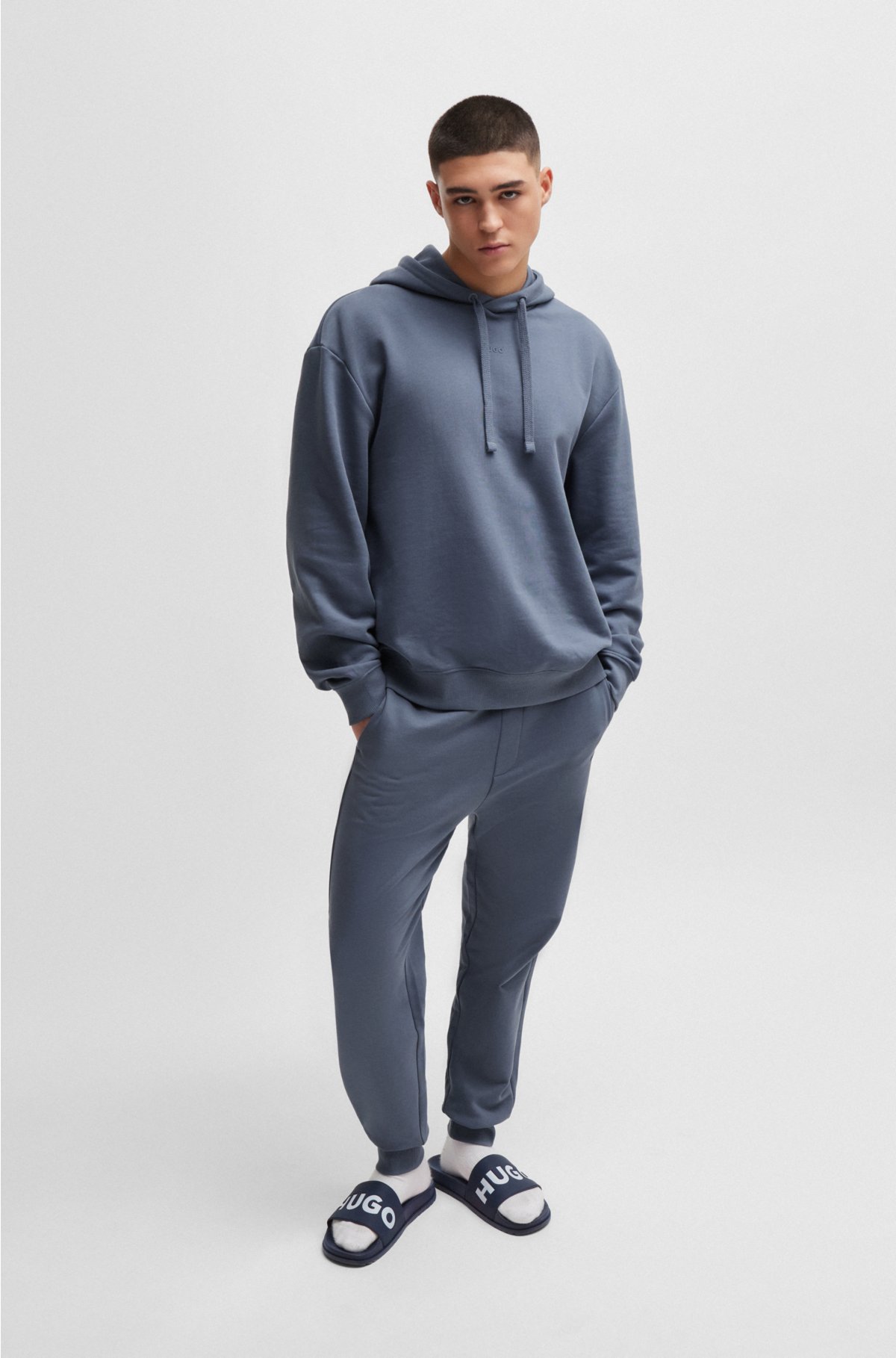 Cotton-terry relaxed-fit hoodie with logo print, Blue