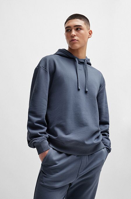 Cotton-terry relaxed-fit hoodie with logo print, Blue