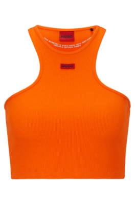 Hugo Stretch-cotton Cropped Top With Red Logo Label In Orange