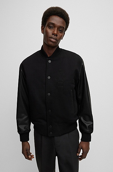 BOSS x Khaby合作款品牌标识混合材质校队风夹克外套,  001_Black