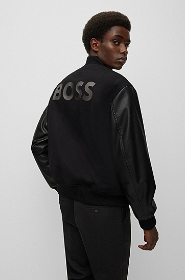BOSS 博斯BOSS x Khaby合作款品牌标识混合材质校队风夹克外套,  001_Black