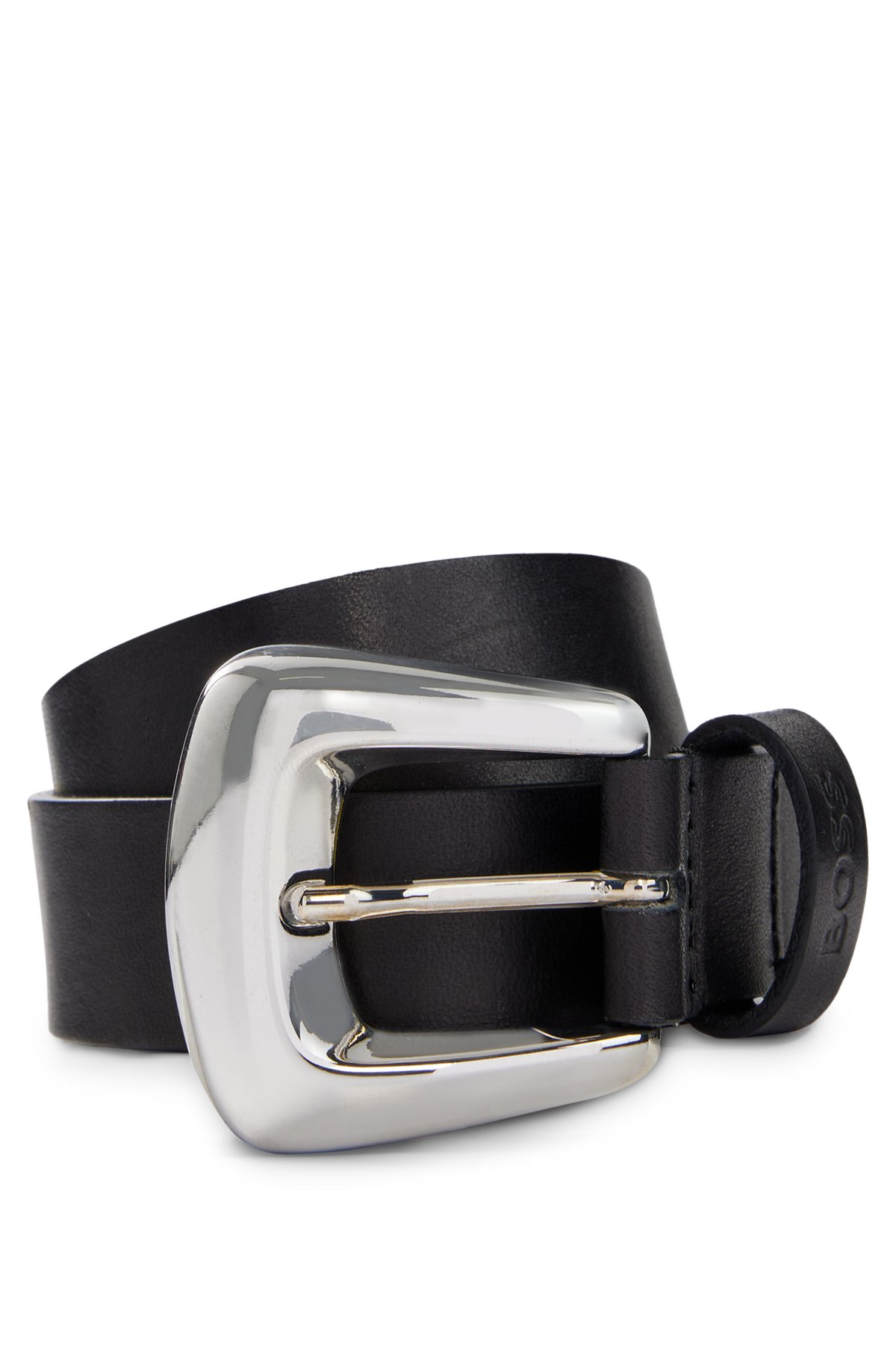 Italian-leather belt with chunky buckle, Black